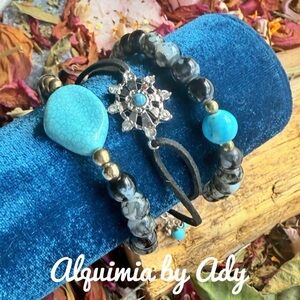 Statement black agate turquoise bracelet stack/set/ bundle